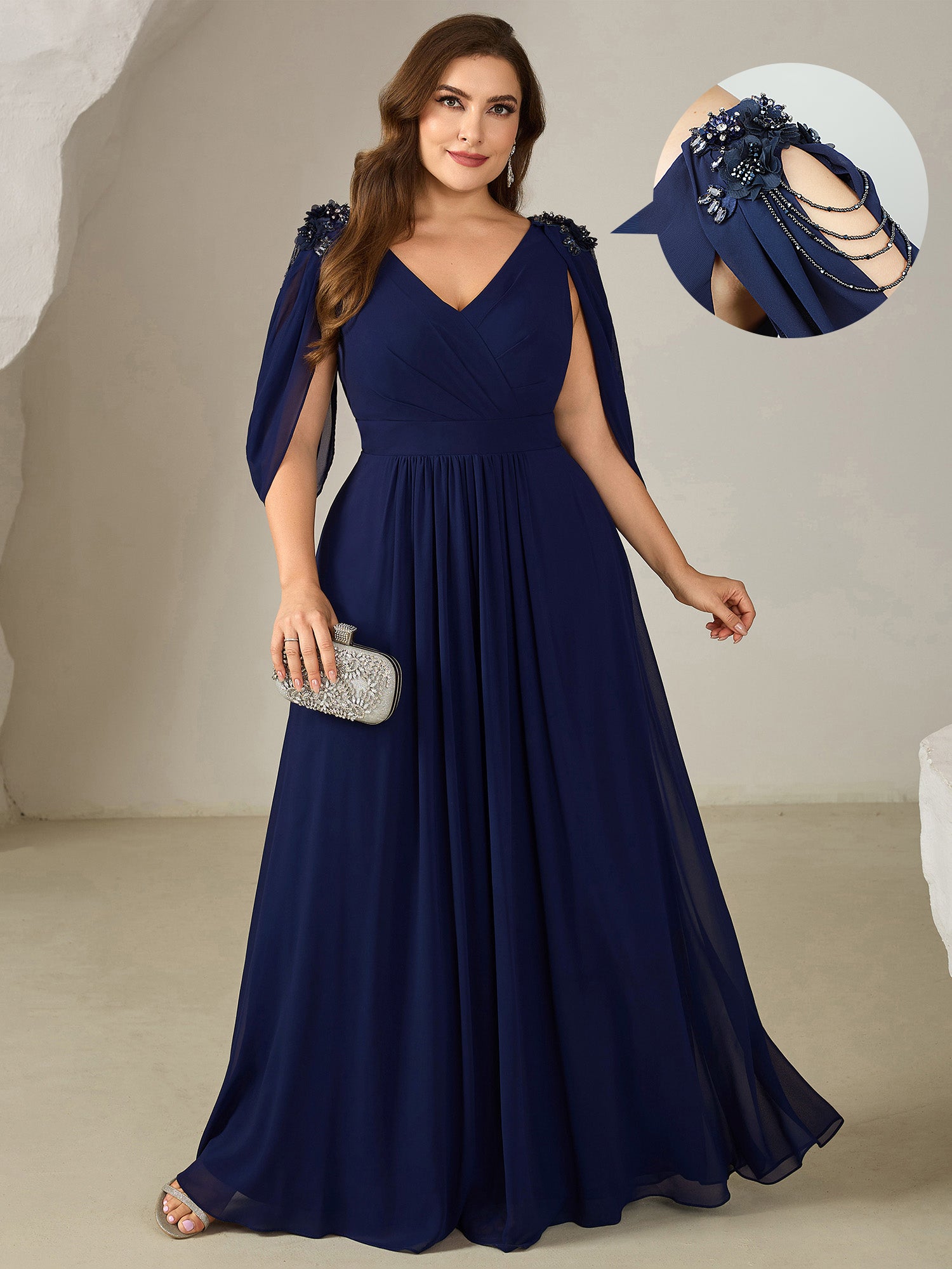 Plus Size Floral Chiffon See-Through Sleeve Evening Dress #color_Navy Blue
