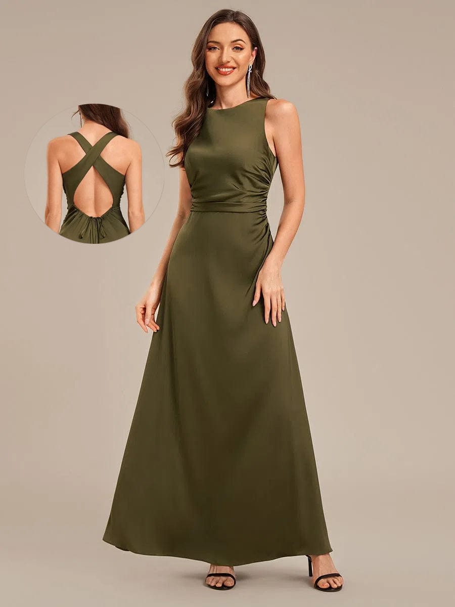 Backless Satin Sleeveless Bridesmaid Dress #color_Olive Green