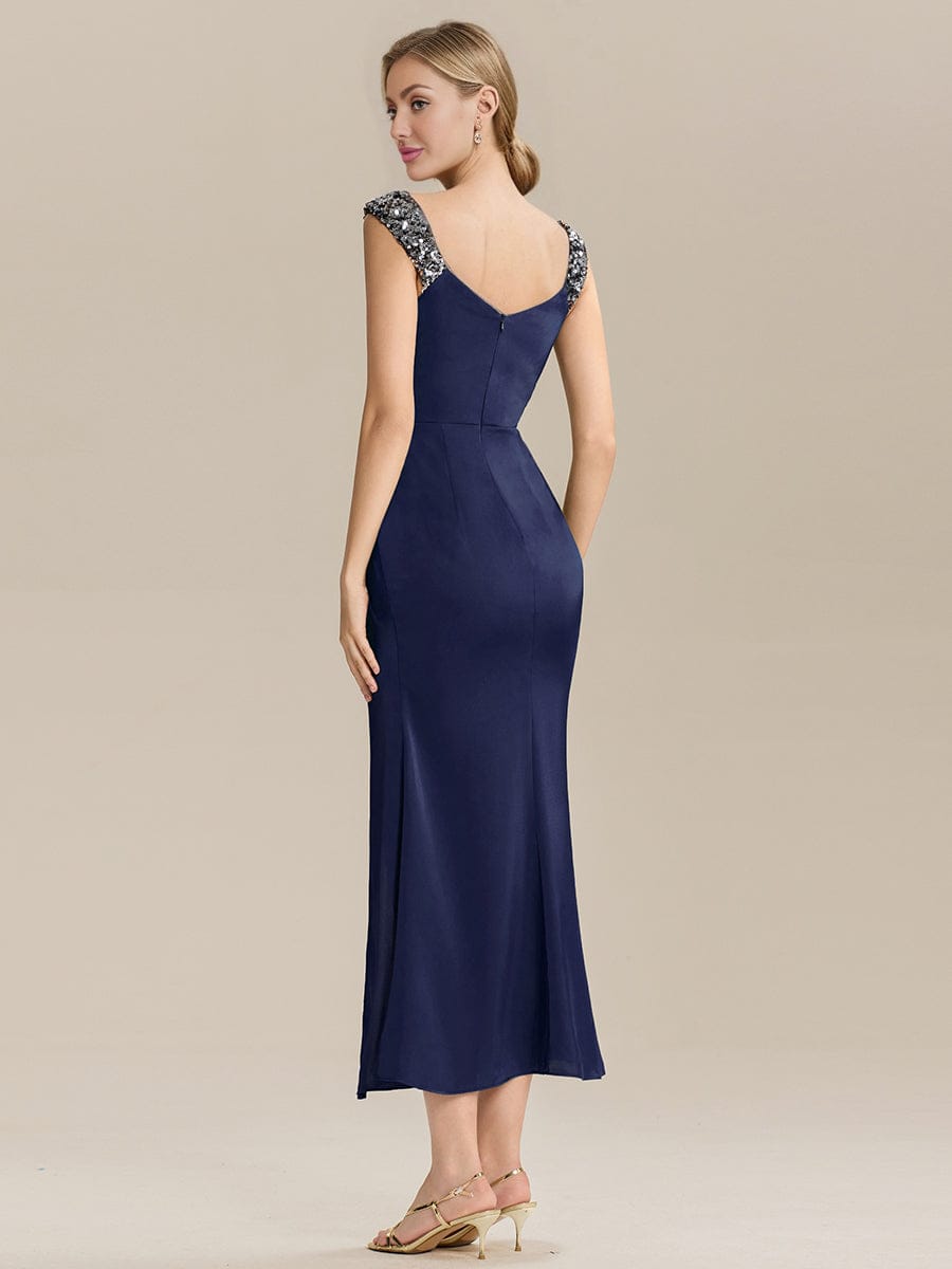 Knotted Satin Sleeveless Evening Dress #color_Navy Blue