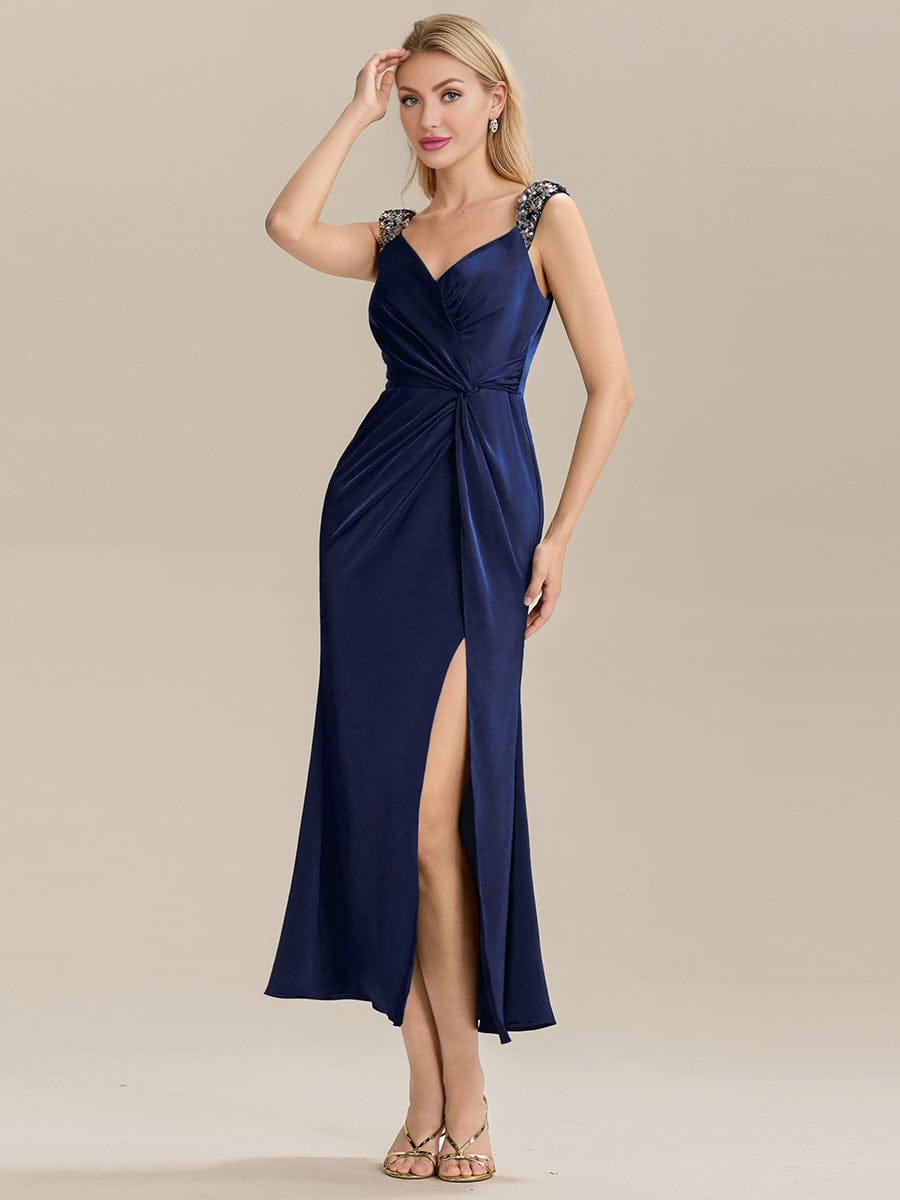Knotted Satin Sleeveless Evening Dress #color_Navy Blue