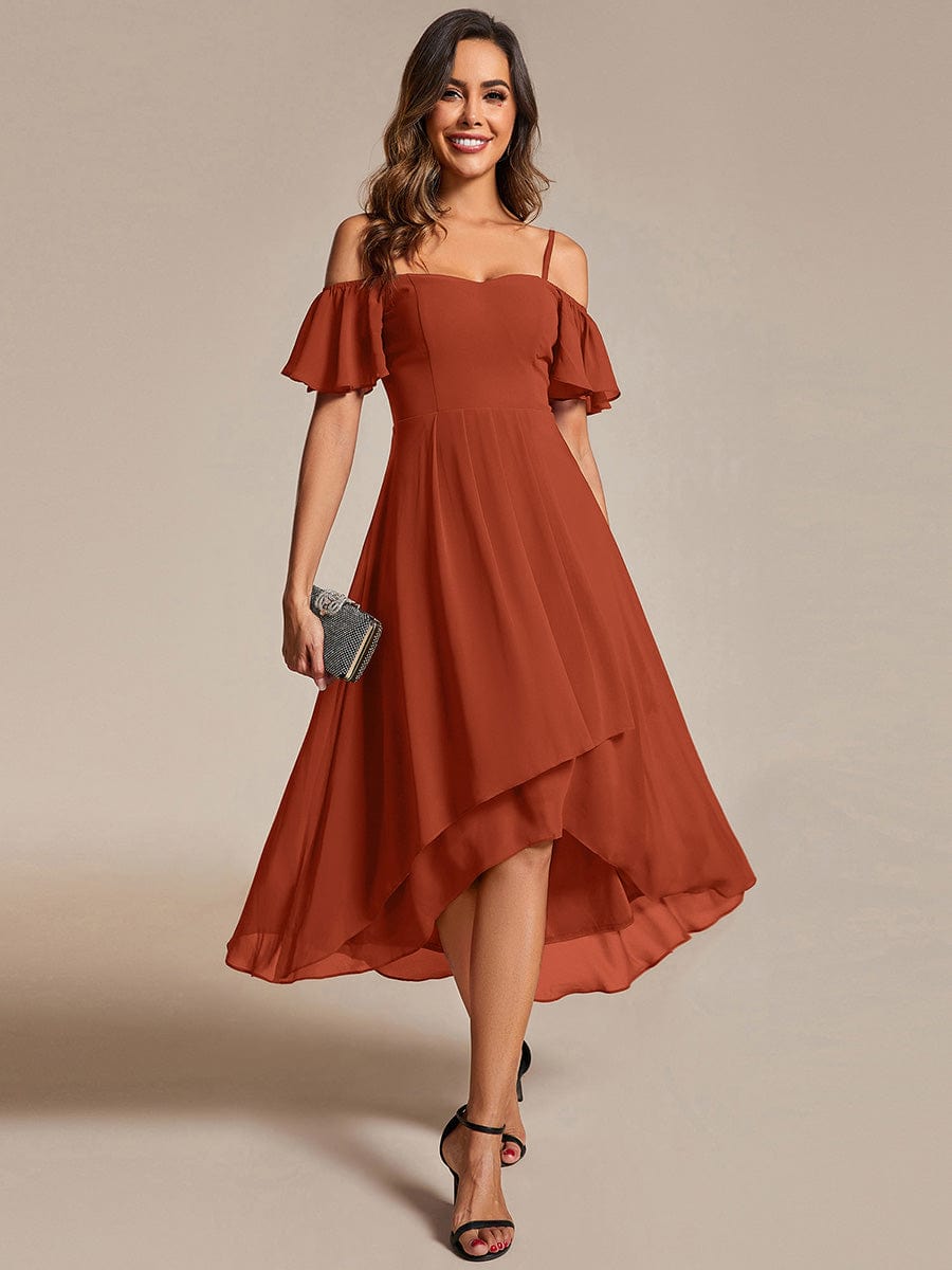 Spaghetti Strap Cold Shoulder Chiffon A-Line Midi Wedding Guest Dress #color_Burnt Orange