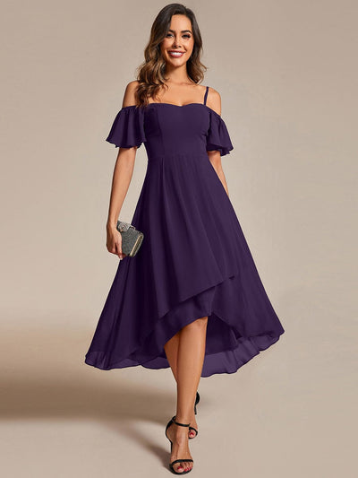 Spaghetti Strap Cold Shoulder Chiffon A-Line Midi Wedding Guest Dress #color_Dark Purple