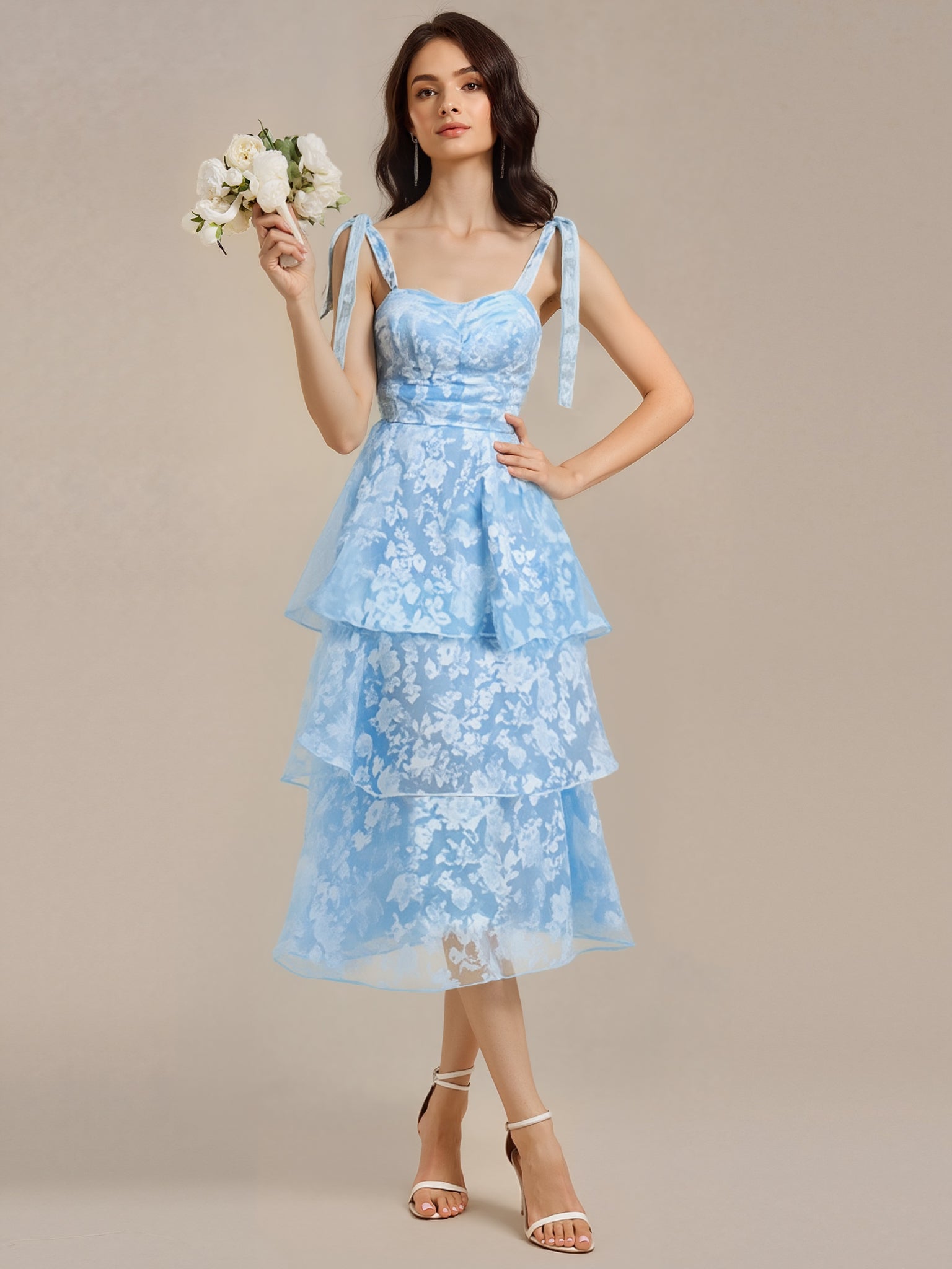 Bow Straps Floral Lace Tiered Wedding Guest Dresses #color_Ice Blue