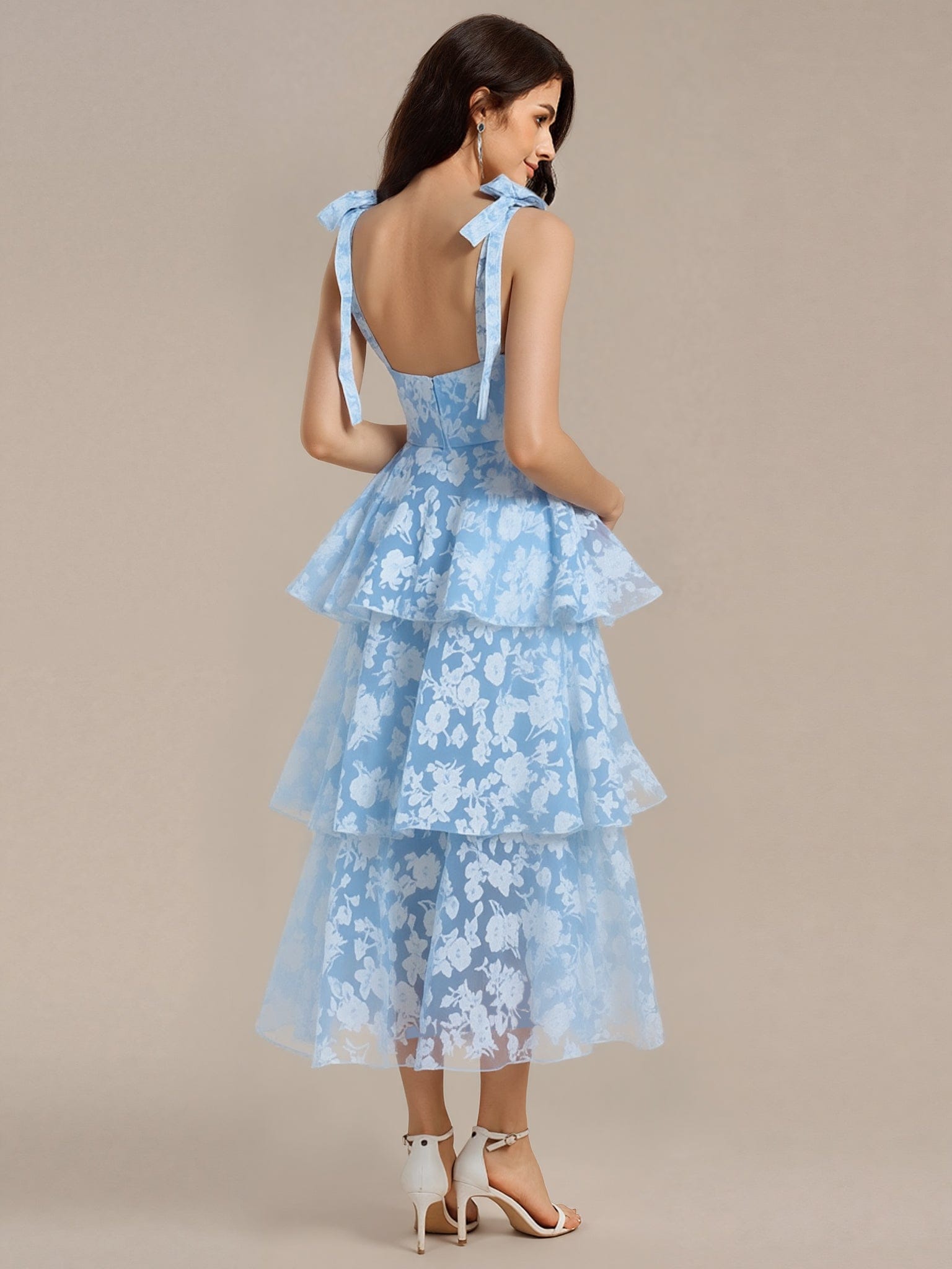 Bow Straps Floral Lace Tiered Wedding Guest Dresses  #color_Ice Blue