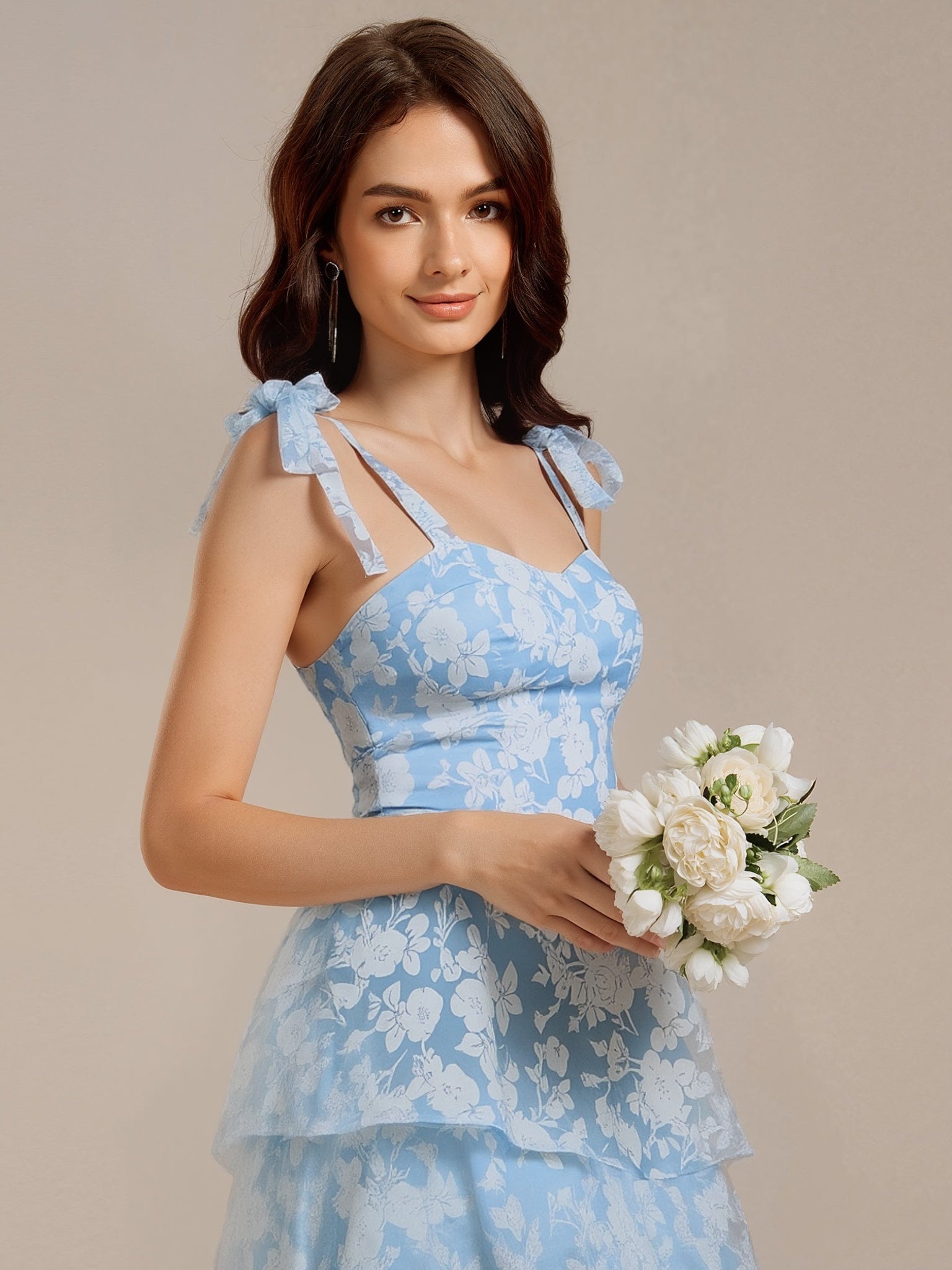 Bow Straps Floral Lace Tiered Wedding Guest Dresses  #color_Ice Blue