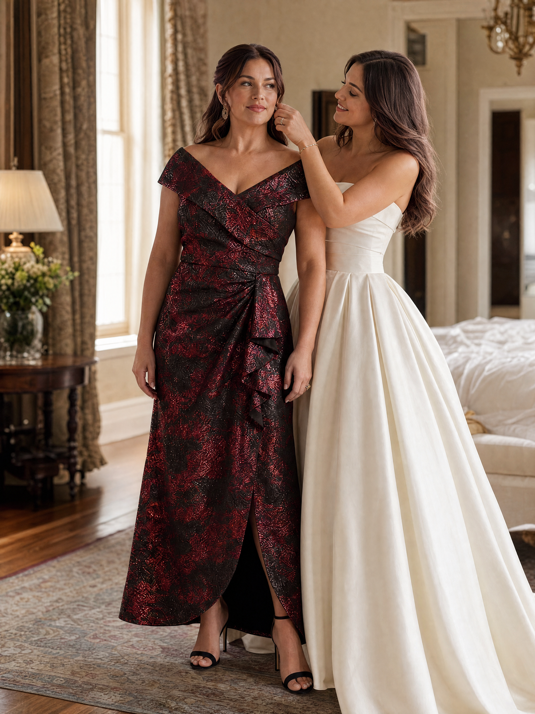 Plus Size Slit Jacquard Cap Sleeve Evening Dress #color_Burgundy/Black