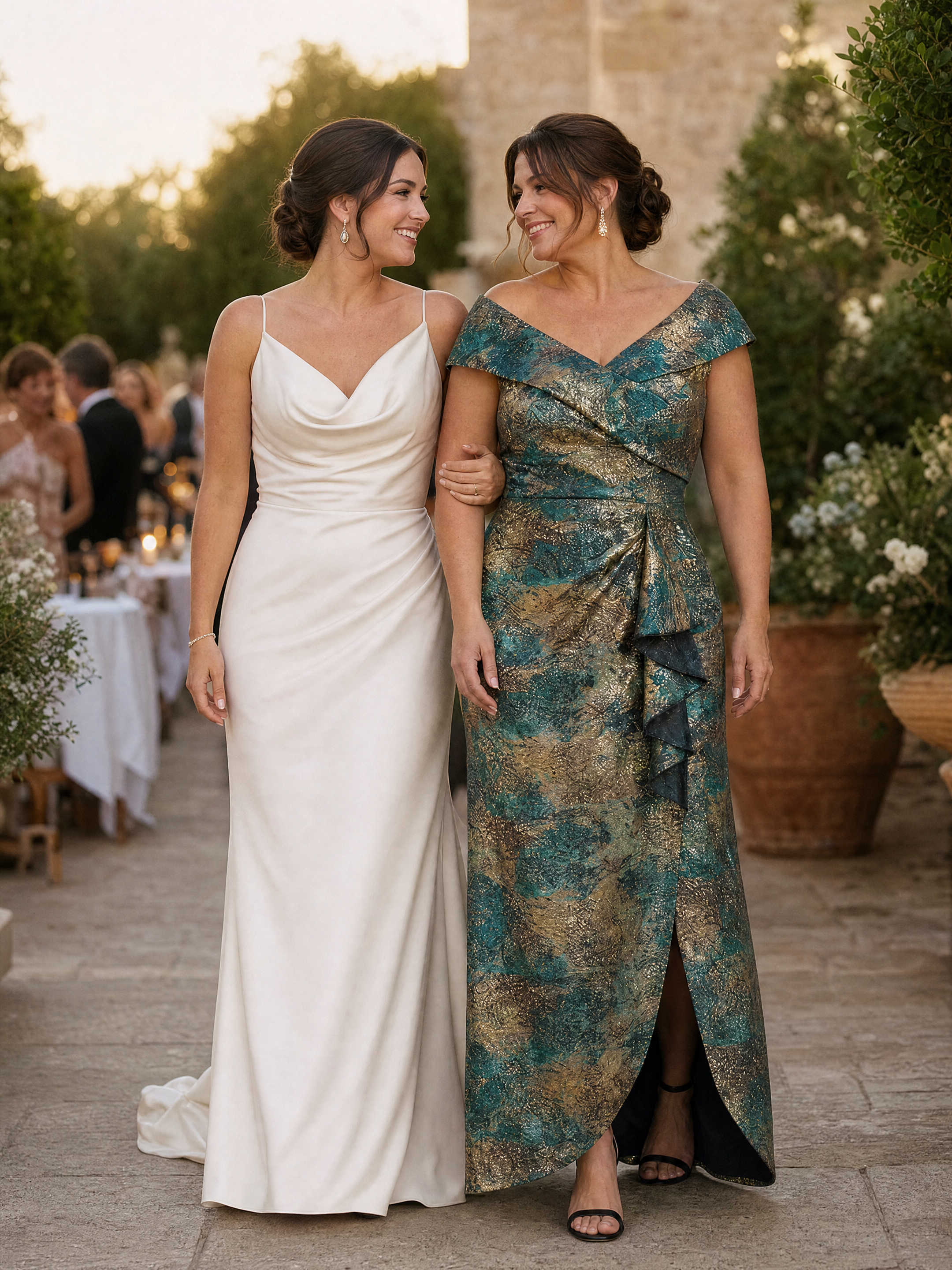 Plus Size Slit Jacquard Cap Sleeve Evening Dress #color_Dark Green/Gold