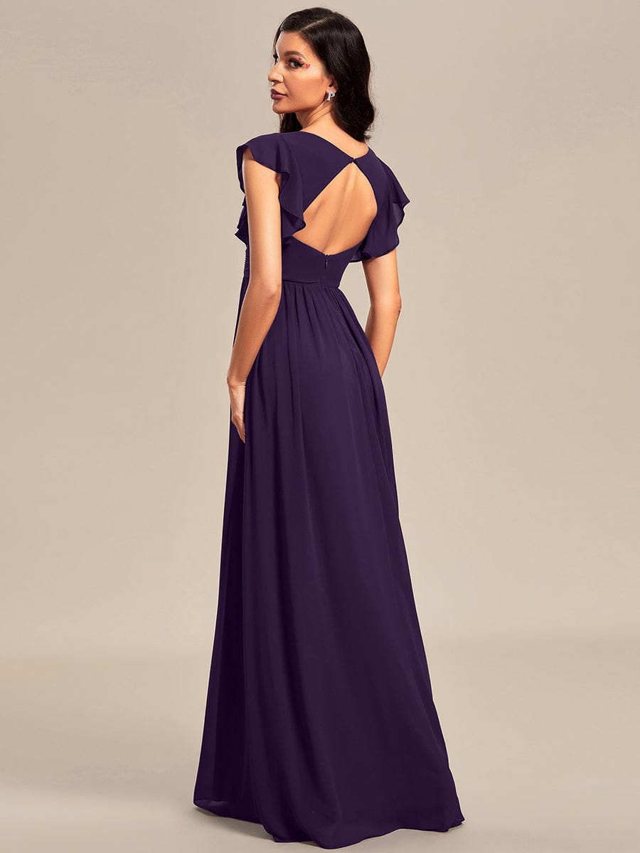 Back Cutout A-Line Pleated Ruffles Sleeve Chiffon Bridesmaid Dress #color_Dark Purple