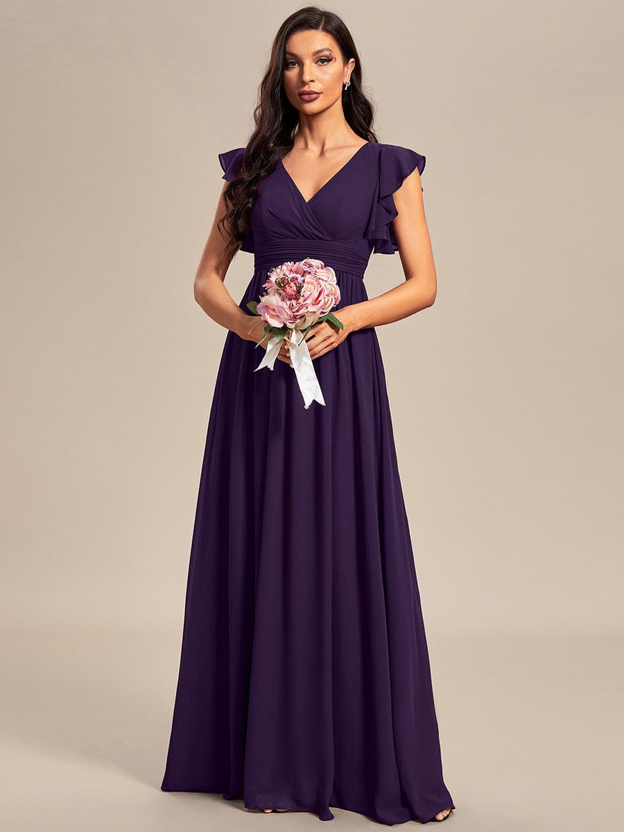 Back Cutout A-Line Pleated Ruffles Sleeve Chiffon Bridesmaid Dress #color_Dark Purple