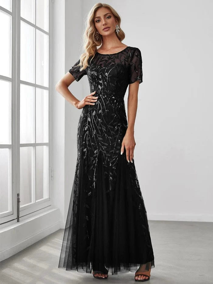 ever JADEN|Floral Sequin Maxi Fishtail Tulle Formal Evening Dress with Short Sleeve