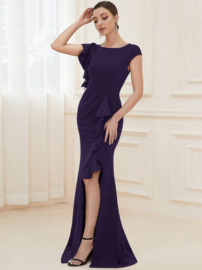Ruffled Asymmetrical Front Slit Floor-Length Knit Evening Dress