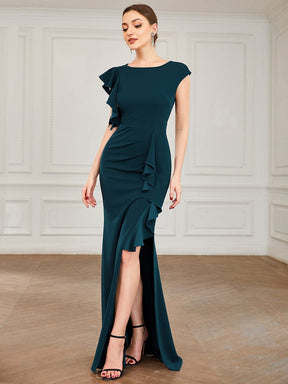 Ruffled Asymmetrical Front Slit Floor-Length Knit Evening Dress