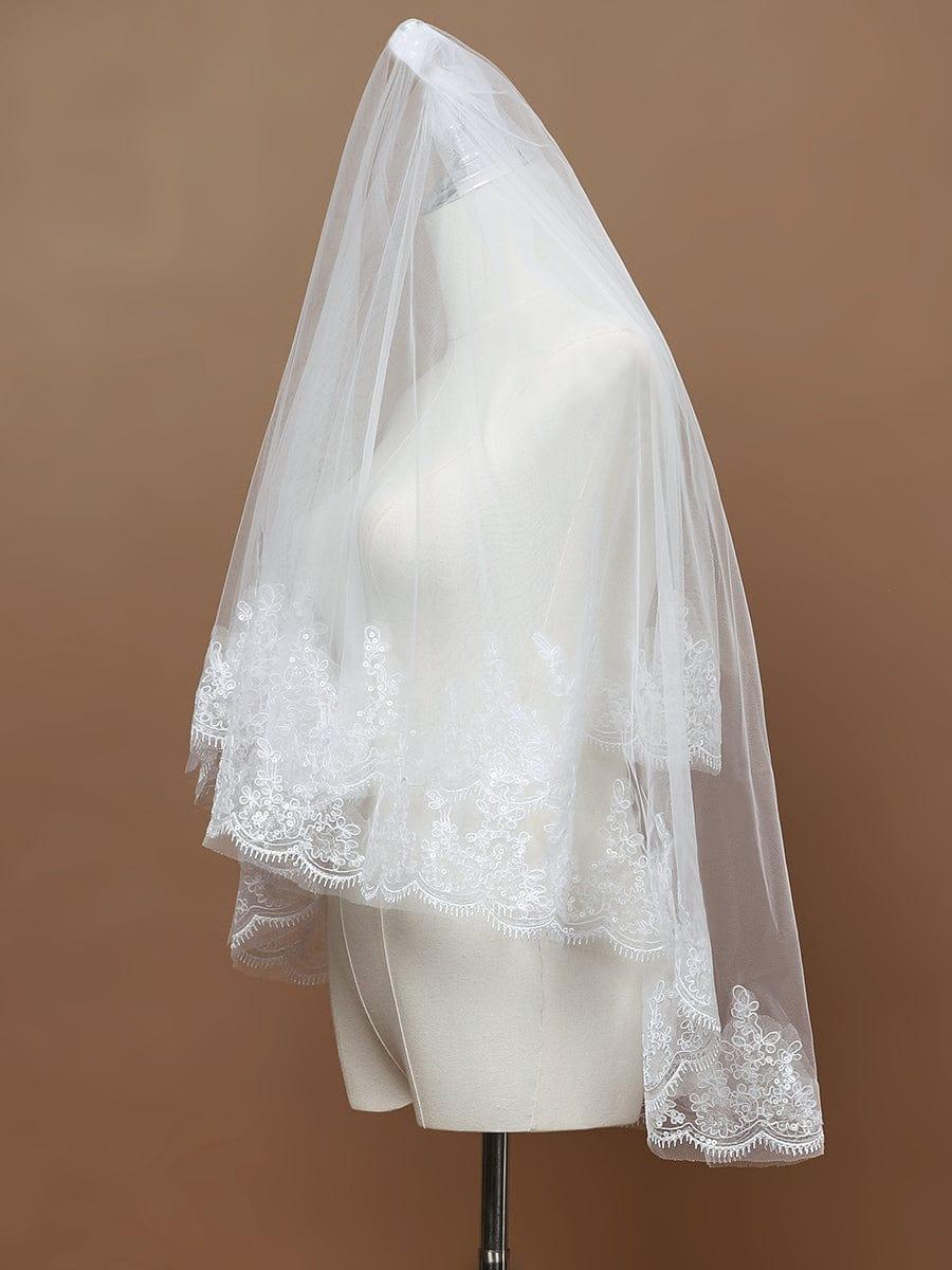 Double Tier Lace Applique Tulle Wedding Bridal Veil #color_Cream Double Tier Lace Applique Tulle Wedding Bridal Veil