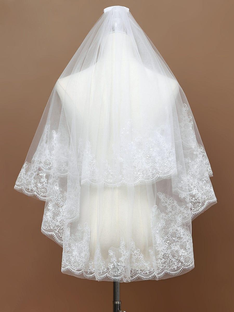 Double Tier Lace Applique Tulle Wedding Bridal Veil #color_Cream Double Tier Lace Applique Tulle Wedding Bridal Veil
