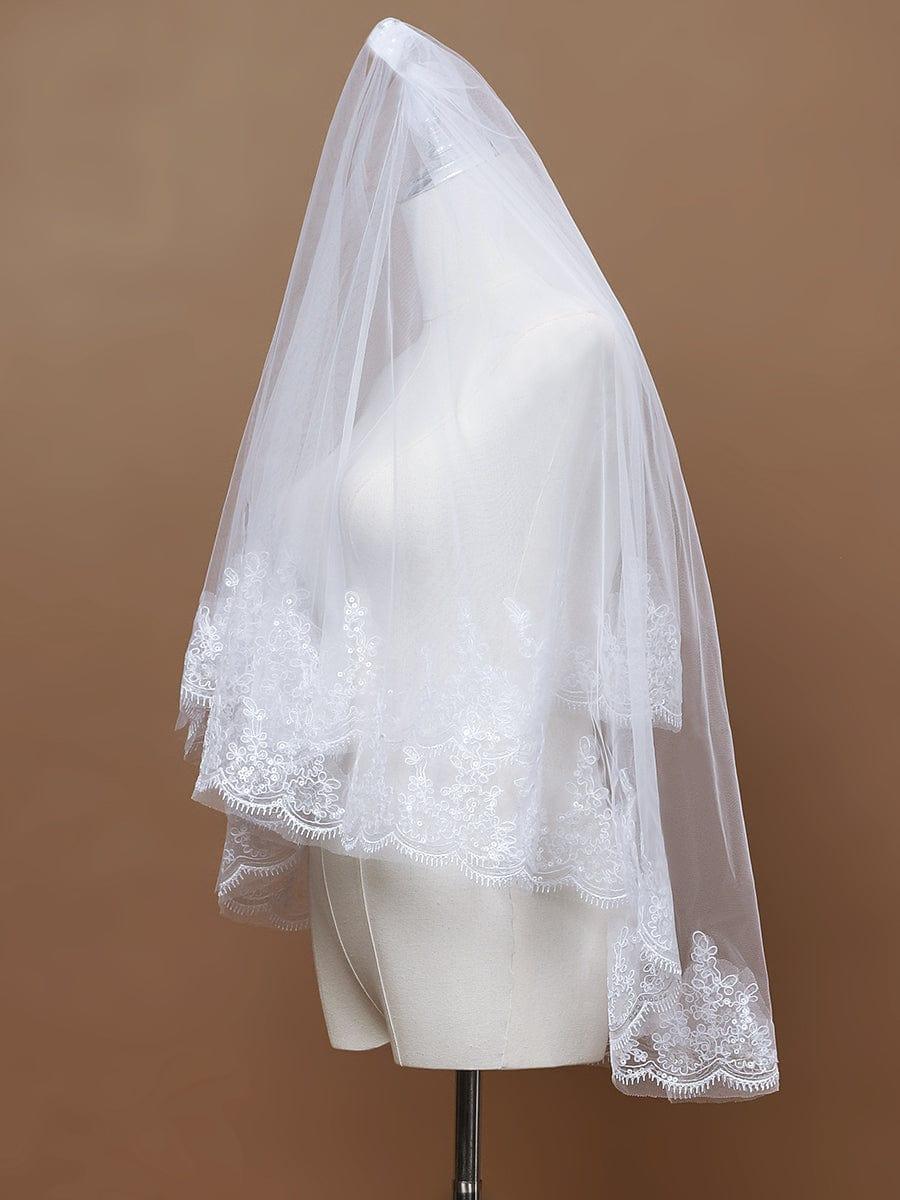 Double Tier Lace Applique Tulle Wedding Bridal Veil #color_Cream Double Tier Lace Applique Tulle Wedding Bridal Veil