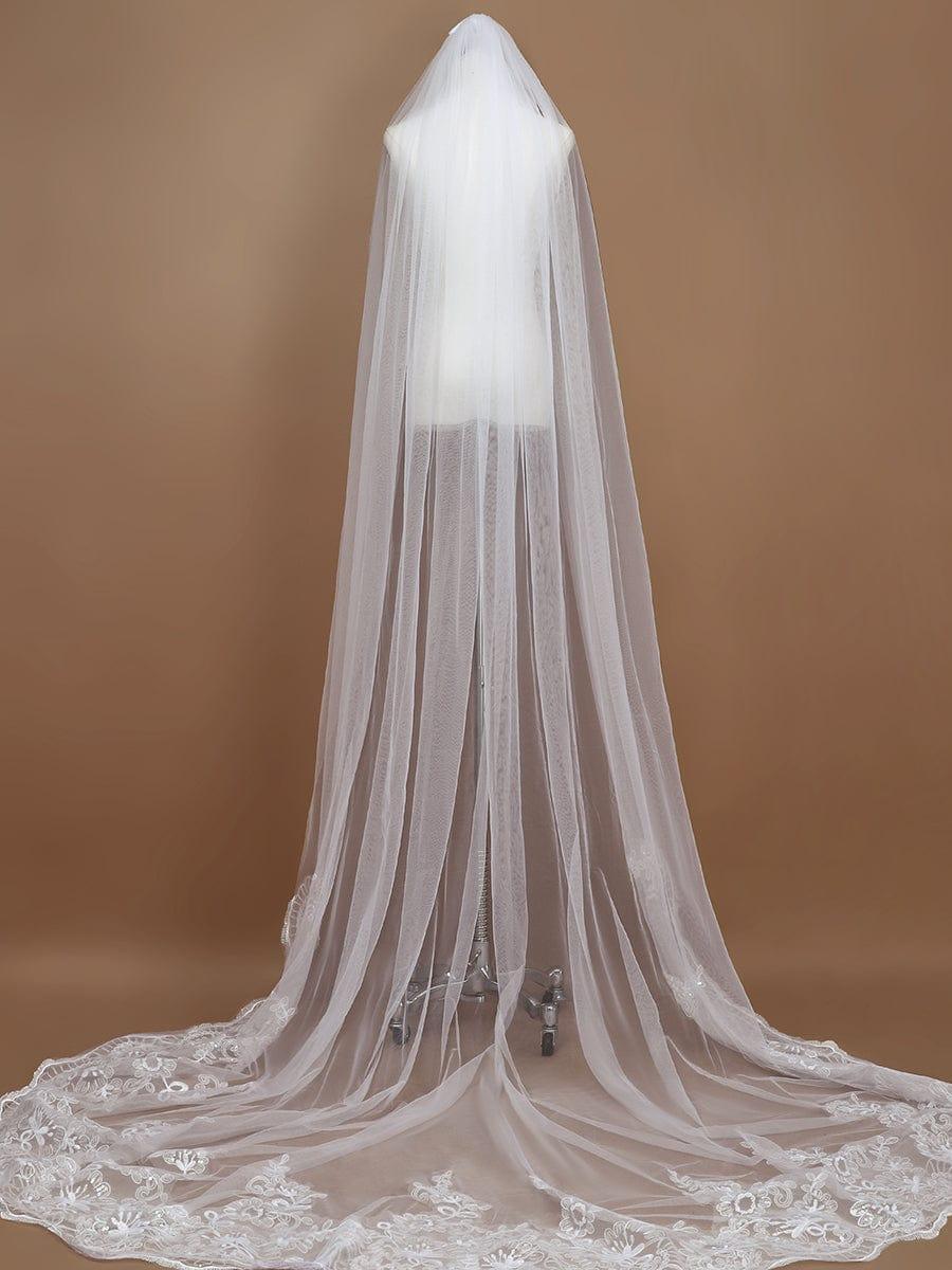 Romantic Wedding Sweep-Train Veil with Sequin Applique #color_Cream Romantic Wedding Sweep-Train Veil with Sequin Applique