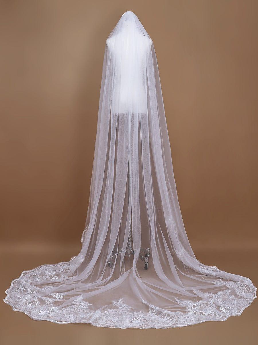 Romantic Wedding Sweep-Train Veil with Sequin Applique #color_Cream Romantic Wedding Sweep-Train Veil with Sequin Applique