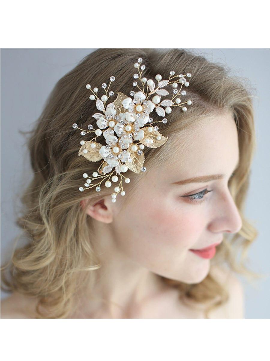 Delicate Handmade Floral Decoration Headwear Pearl Hairpin #color_Gold Delicate Handmade Floral Decoration Headwear Pearl Hairpin