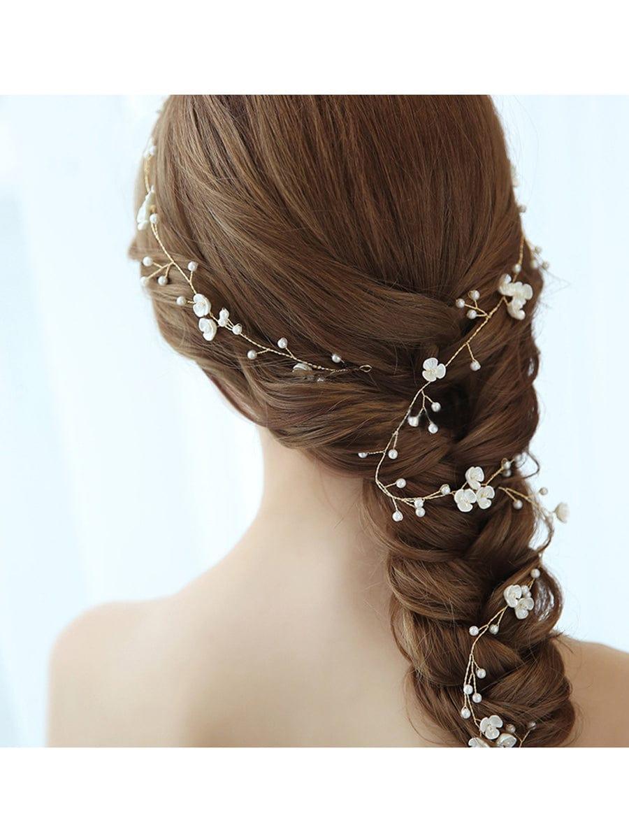 1-meter Long Handmade Pearl Braided Headband High-end Accessories #color_Gold 1-meter Long Handmade Pearl Braided Headband High-end Accessories