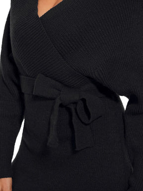V-Neck Wrap Long Dolman Sleeve Knit Bodycon Sweater Dress