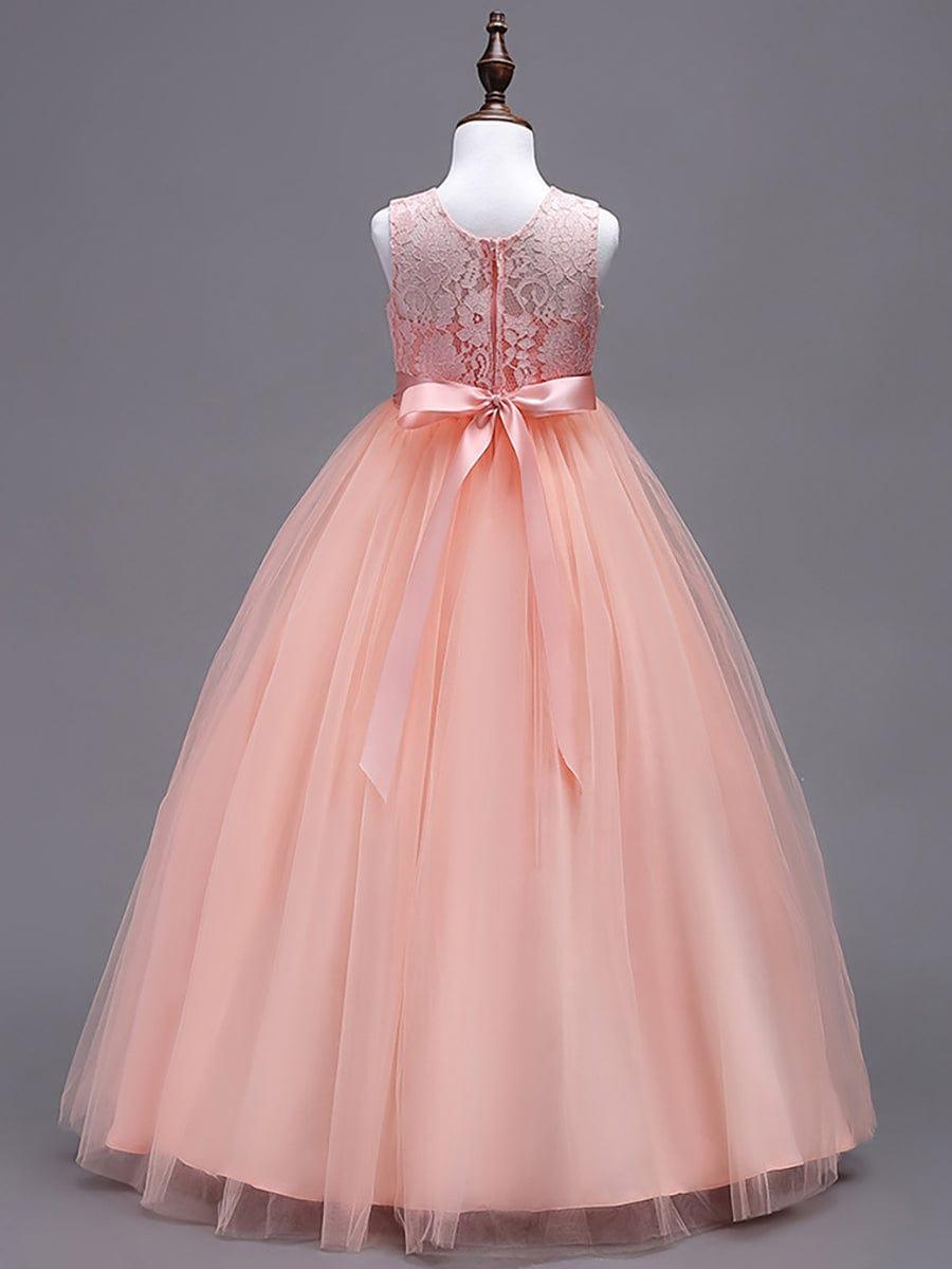 Princess Bow Sleeveless Lace Tulle Flower Girl Dress #color_Blush Princess Bow Sleeveless Lace Tulle Flower Girl Dress
