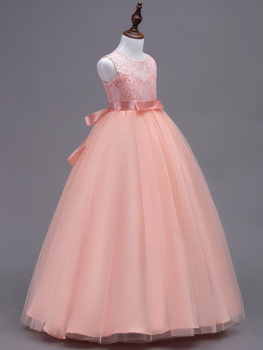 Princess Bow Sleeveless Lace Tulle Flower Girl Dress #color_Blush Princess Bow Sleeveless Lace Tulle Flower Girl Dress