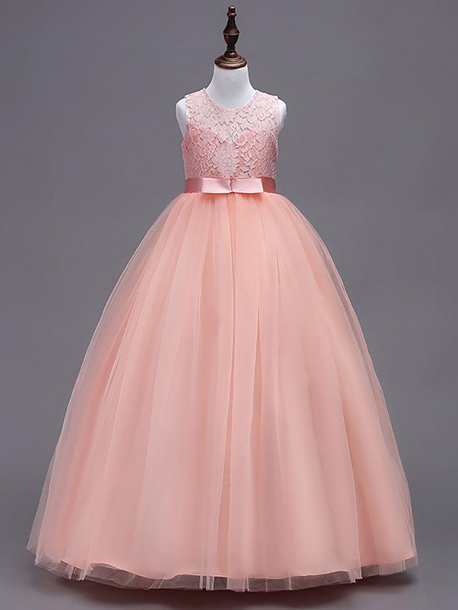 Princess Bow Sleeveless Lace Tulle Flower Girl Dress #color_Blush Princess Bow Sleeveless Lace Tulle Flower Girl Dress