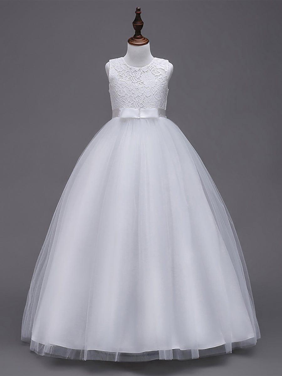 Princess Bow Sleeveless Lace Tulle Flower Girl Dress #color_Blush Princess Bow Sleeveless Lace Tulle Flower Girl Dress
