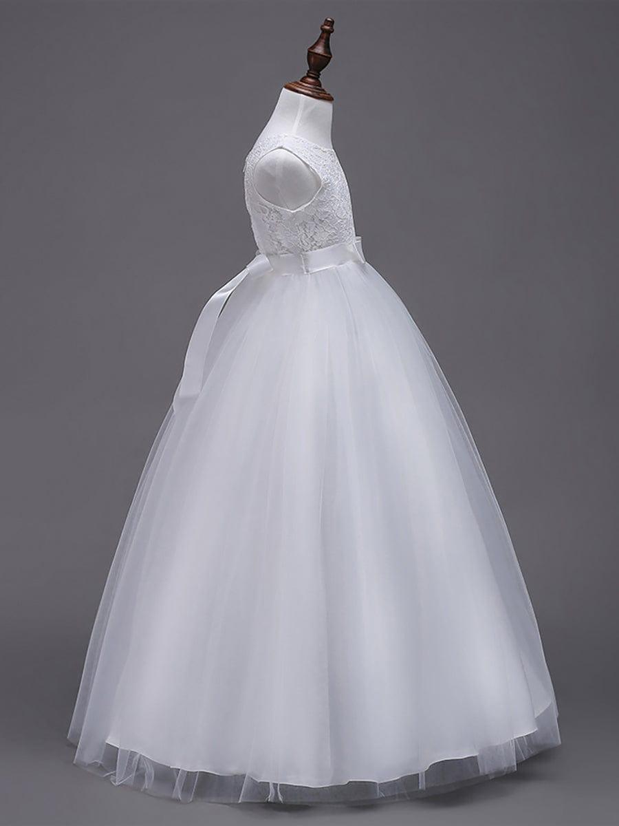 Princess Bow Sleeveless Lace Tulle Flower Girl Dress #color_Blush Princess Bow Sleeveless Lace Tulle Flower Girl Dress