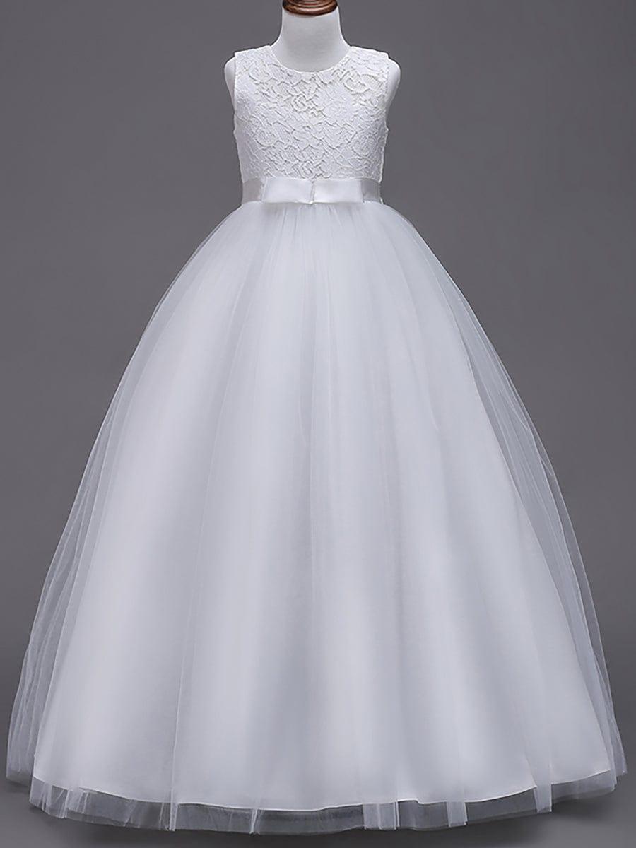 Princess Bow Sleeveless Lace Tulle Flower Girl Dress #color_Blush Princess Bow Sleeveless Lace Tulle Flower Girl Dress