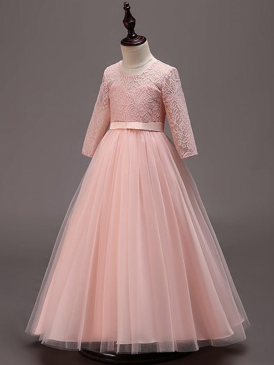 Charming Bow Lace Flower Girl Dress with Long Sleeves #color_White Charming Bow Lace Flower Girl Dress with Long Sleeves