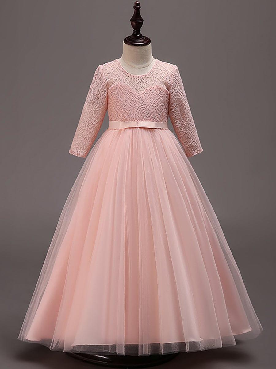 Charming Bow Lace Flower Girl Dress with Long Sleeves #color_White Charming Bow Lace Flower Girl Dress with Long Sleeves