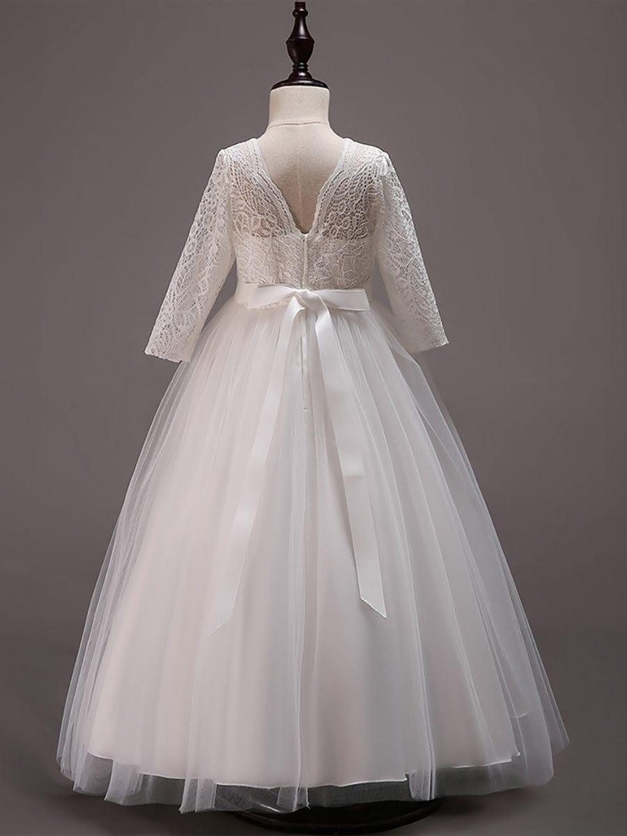 Charming Bow Lace Flower Girl Dress with Long Sleeves #color_White Charming Bow Lace Flower Girl Dress with Long Sleeves