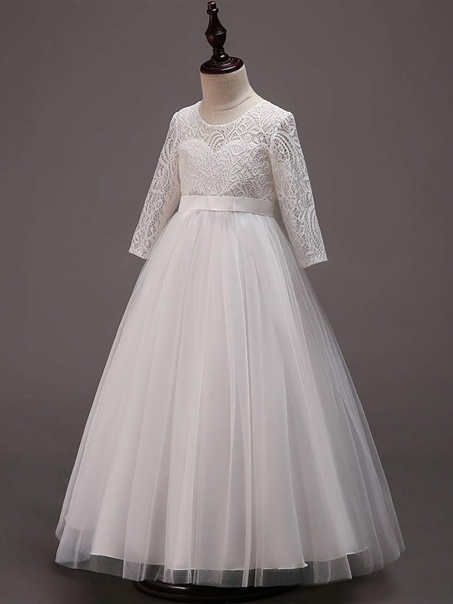 Charming Bow Lace Flower Girl Dress with Long Sleeves #color_White Charming Bow Lace Flower Girl Dress with Long Sleeves