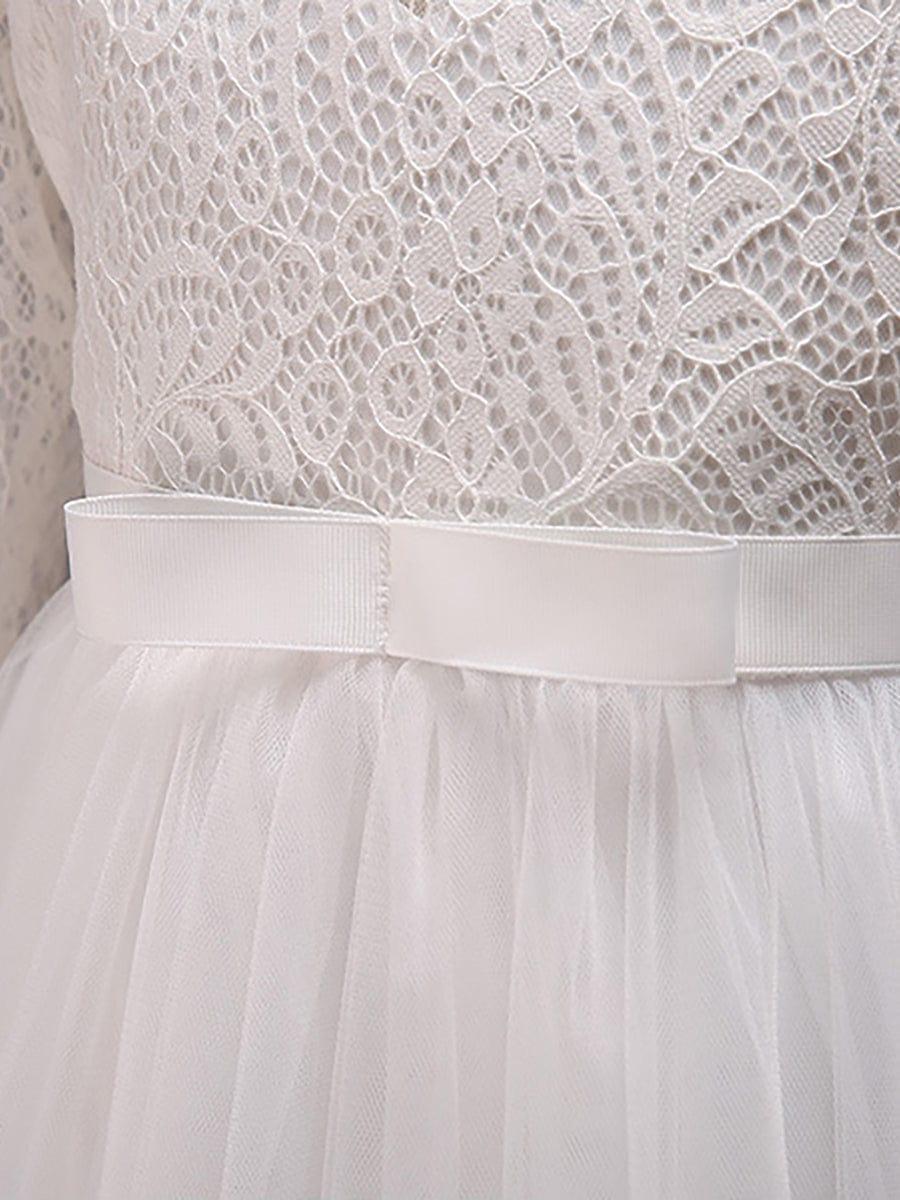 Charming Bow Lace Flower Girl Dress with Long Sleeves #color_White Charming Bow Lace Flower Girl Dress with Long Sleeves