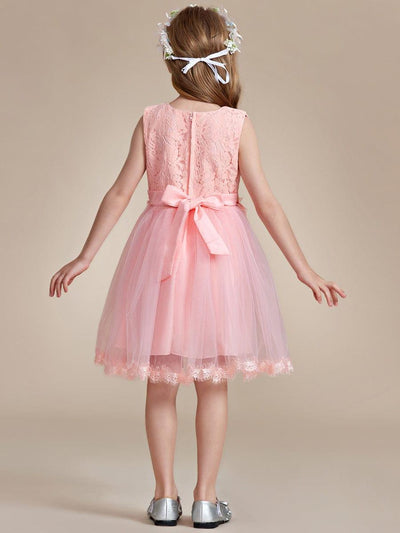 White Lace Tulle Flower Girl Dress with Bow Back Detail #color_Pink