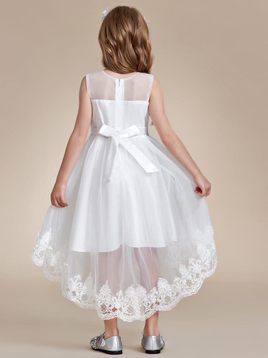 Stylish Lace High Low A-line Flower Girl Dress with Sleeveless #color_White Stylish Lace High Low A-line Flower Girl Dress with Sleeveless
