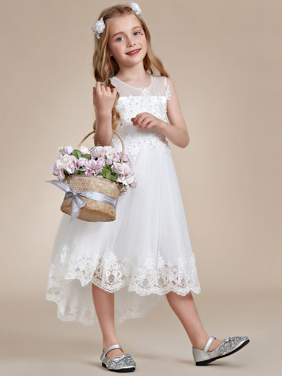 Stylish Lace High Low A-line Flower Girl Dress with Sleeveless #color_White Stylish Lace High Low A-line Flower Girl Dress with Sleeveless