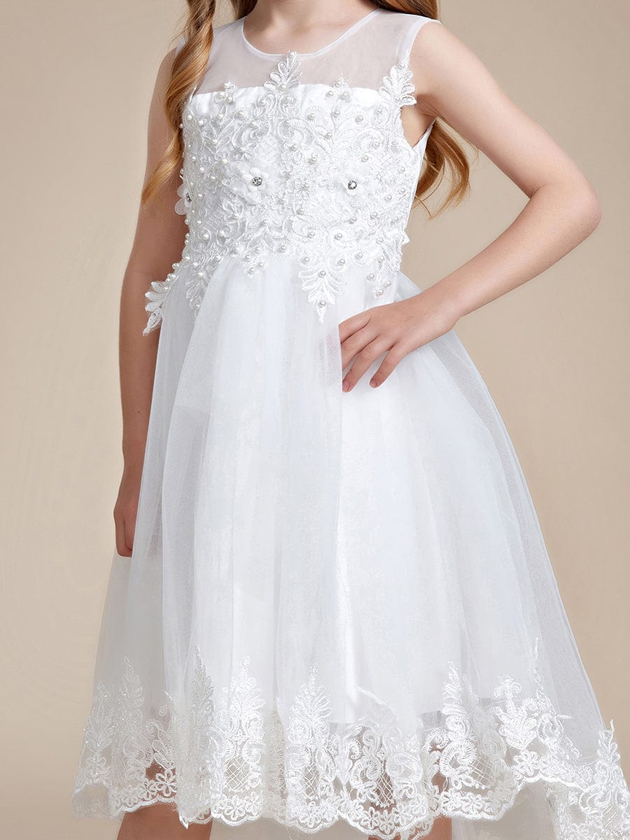 Stylish Lace High Low A-line Flower Girl Dress with Sleeveless #color_White Stylish Lace High Low A-line Flower Girl Dress with Sleeveless