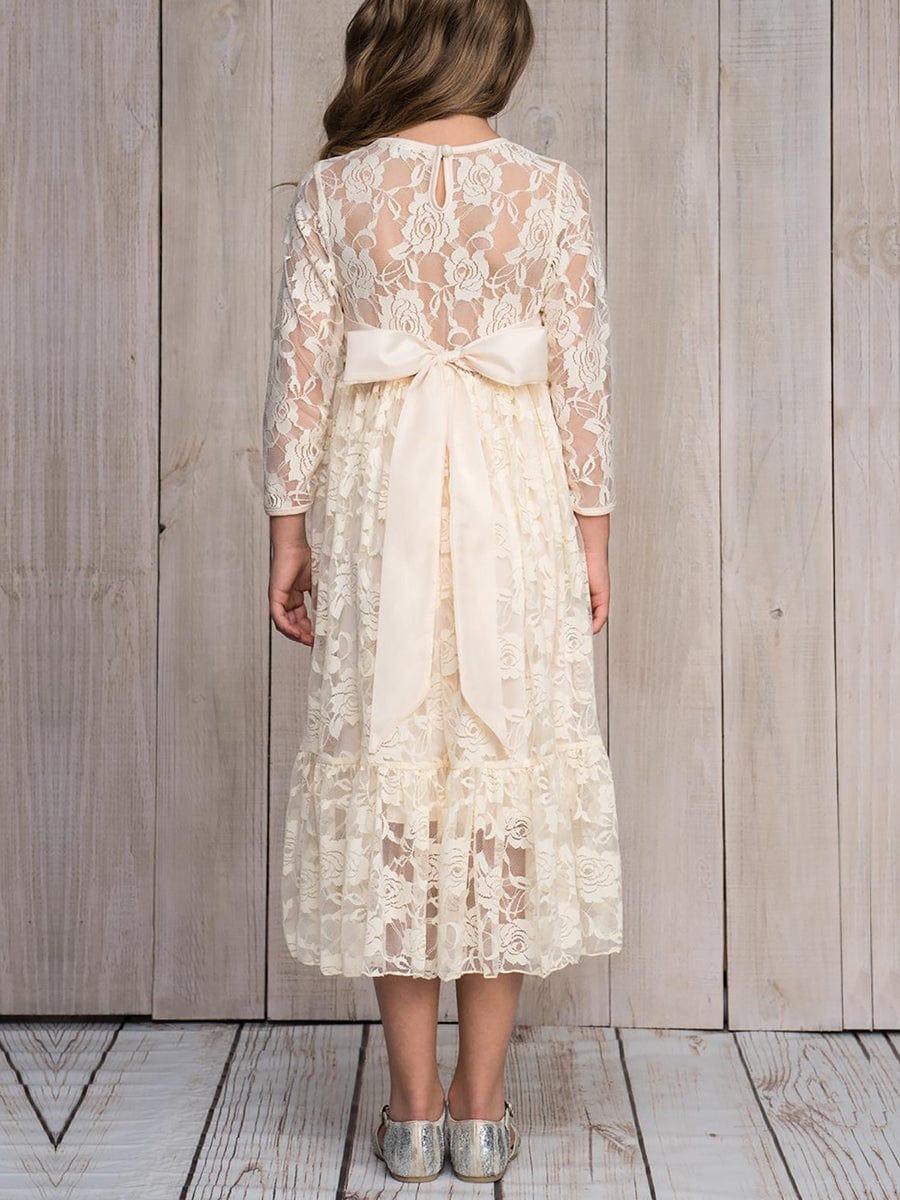 Pure Lace Long-Sleeve Round Neckline Flower Girl Dress #color_White Pure Lace Long-Sleeve Round Neckline Flower Girl Dress