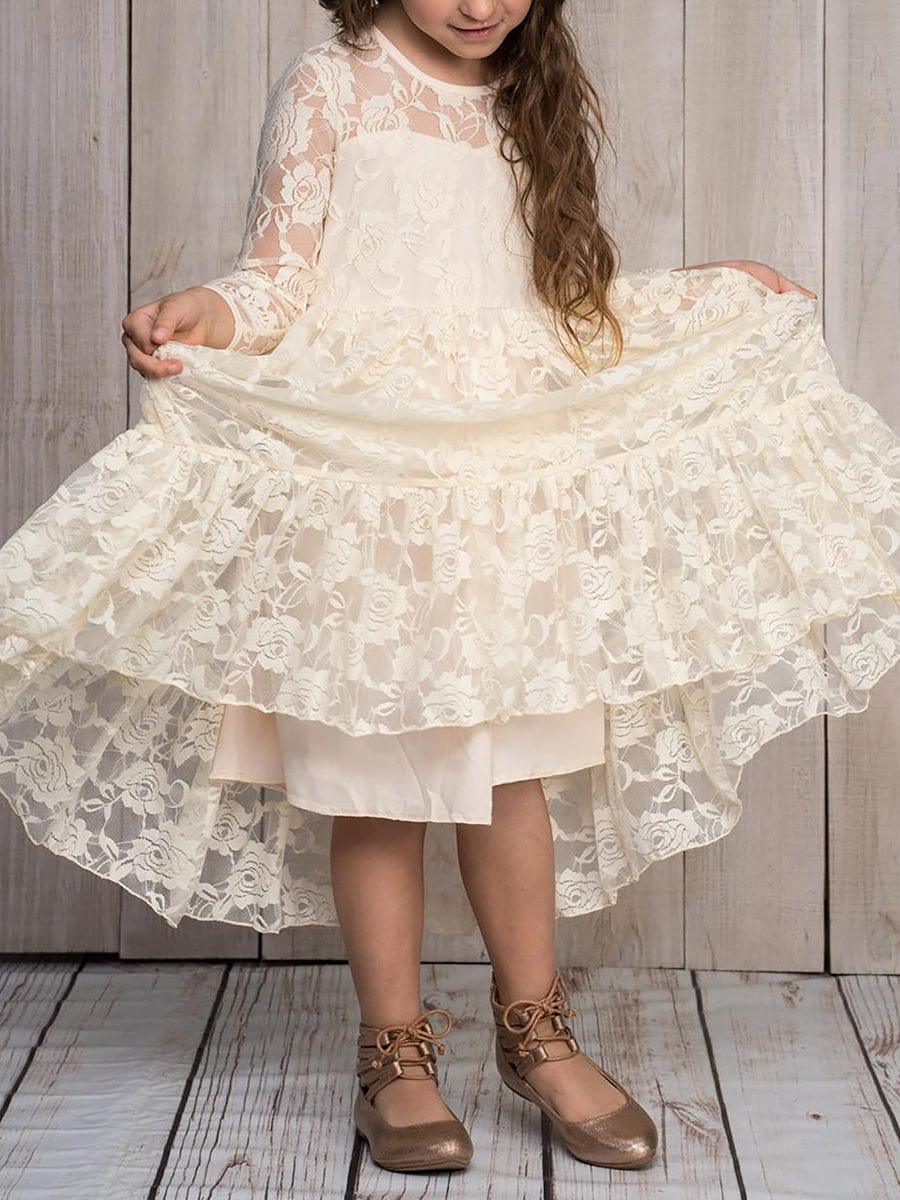Pure Lace Long-Sleeve Round Neckline Flower Girl Dress #color_White Pure Lace Long-Sleeve Round Neckline Flower Girl Dress