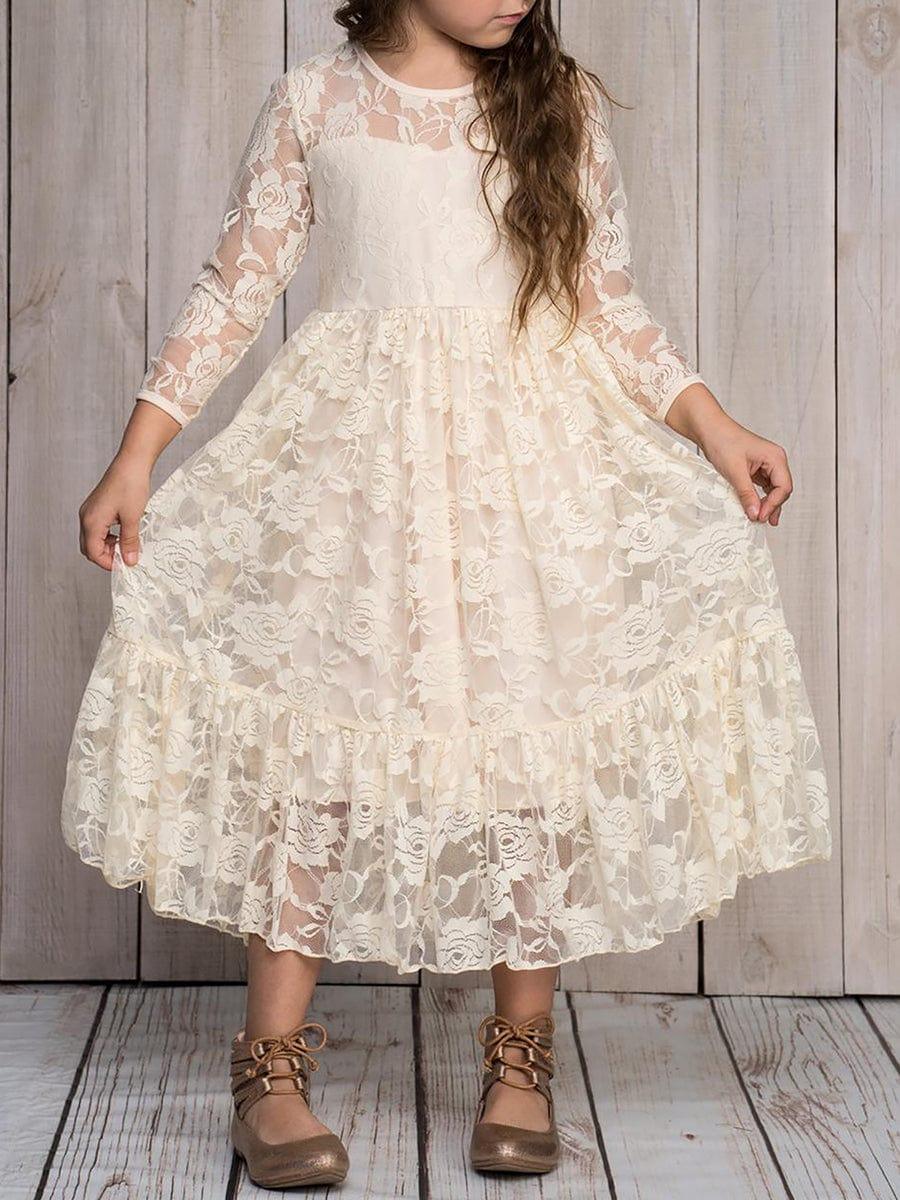 Pure Lace Long-Sleeve Round Neckline Flower Girl Dress #color_White Pure Lace Long-Sleeve Round Neckline Flower Girl Dress