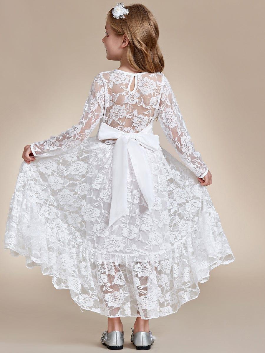 Pure Lace Long-Sleeve Round Neckline Flower Girl Dress #color_White Pure Lace Long-Sleeve Round Neckline Flower Girl Dress