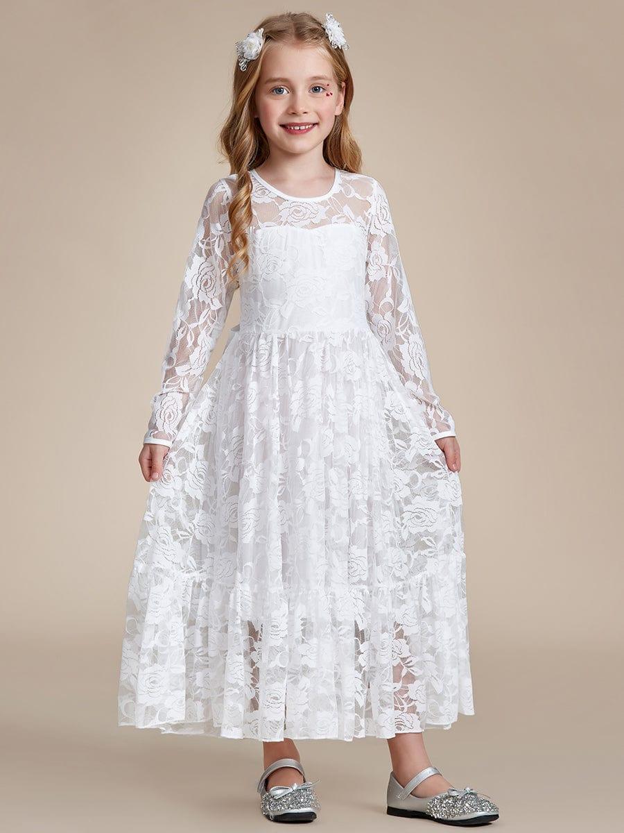 Pure Lace Long-Sleeve Round Neckline Flower Girl Dress #color_White Pure Lace Long-Sleeve Round Neckline Flower Girl Dress