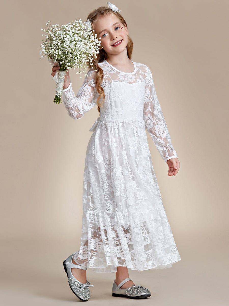 Pure Lace Long-Sleeve Round Neckline Flower Girl Dress #color_White Pure Lace Long-Sleeve Round Neckline Flower Girl Dress