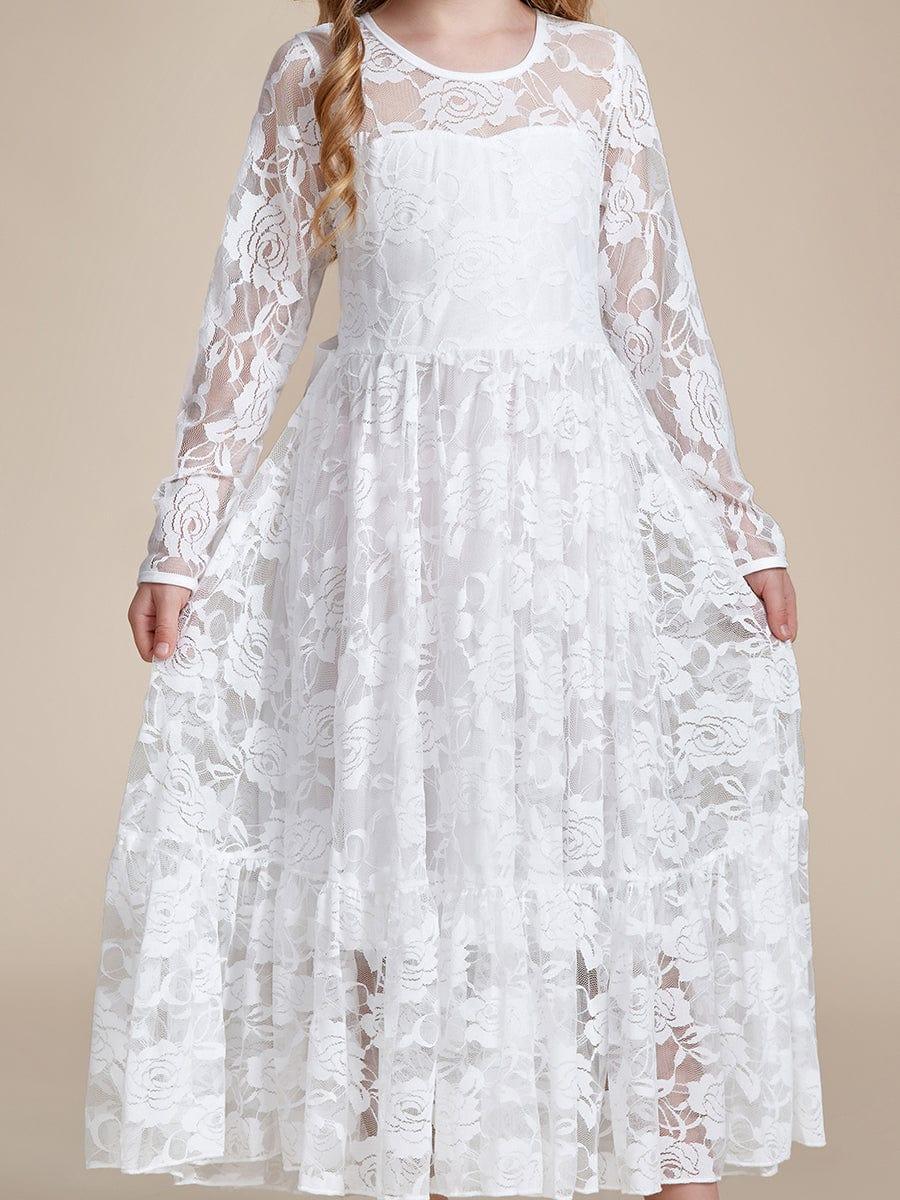Pure Lace Long-Sleeve Round Neckline Flower Girl Dress #color_White Pure Lace Long-Sleeve Round Neckline Flower Girl Dress