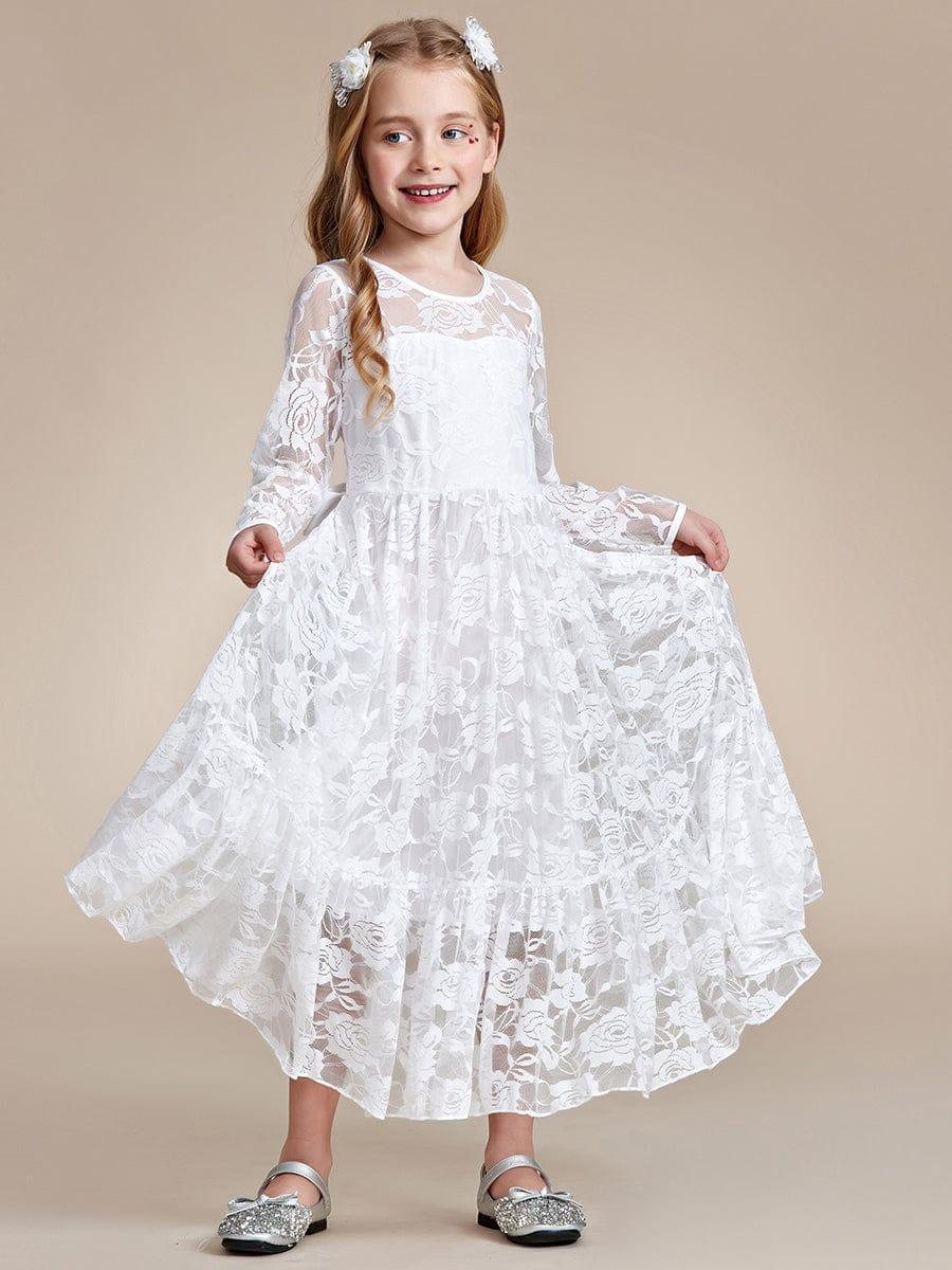 Pure Lace Long-Sleeve Round Neckline Flower Girl Dress #color_White Pure Lace Long-Sleeve Round Neckline Flower Girl Dress