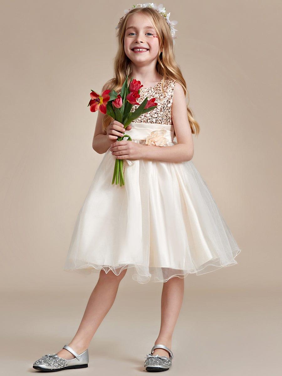 Sequin Bodice Double hemline Short Flower Girl Dress with Bowknot #color_Yellow Sequin Bodice Double hemline Short Flower Girl Dress with Bowknot