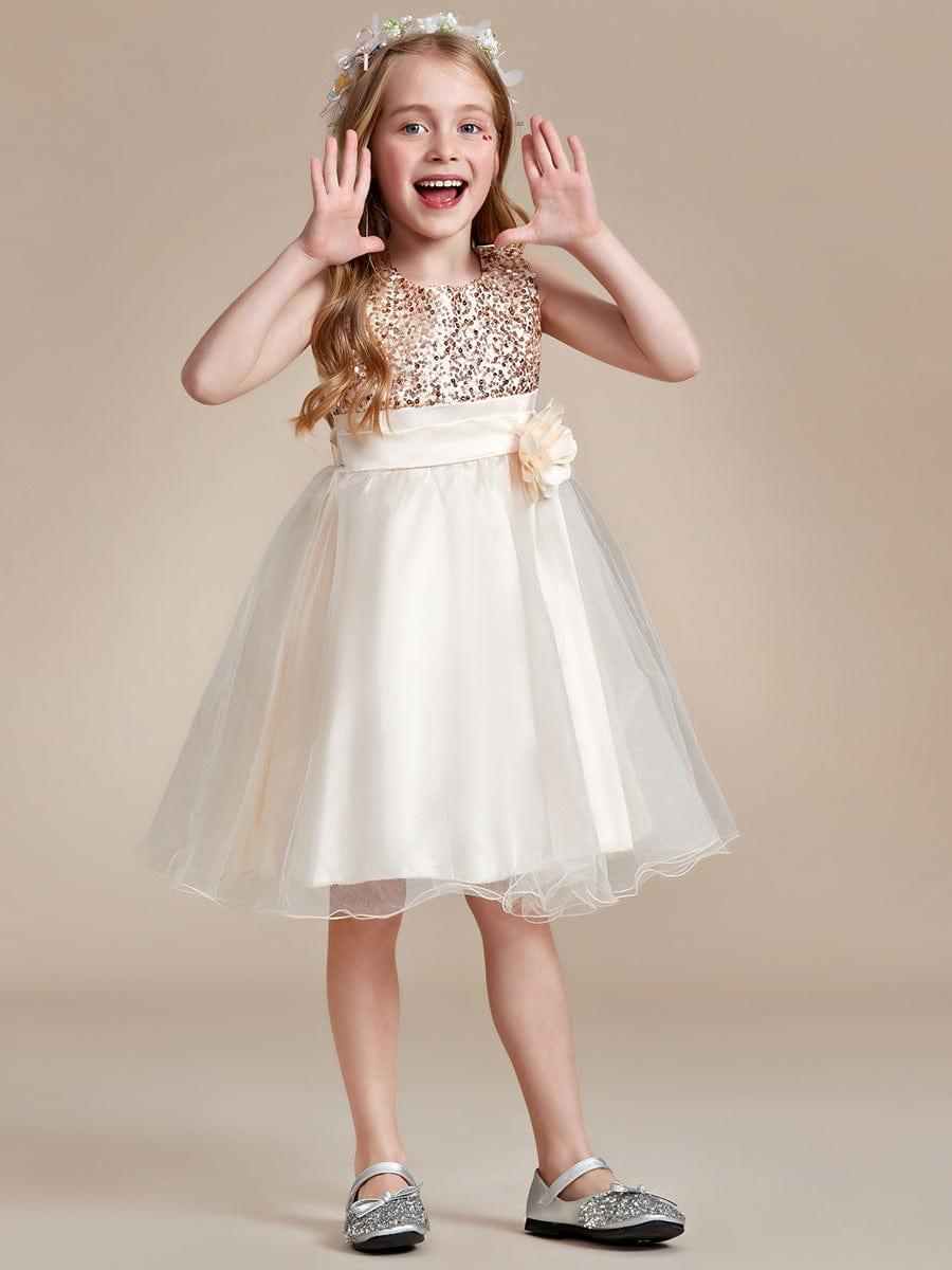 Sequin Bodice Double hemline Short Flower Girl Dress with Bowknot #color_Yellow Sequin Bodice Double hemline Short Flower Girl Dress with Bowknot