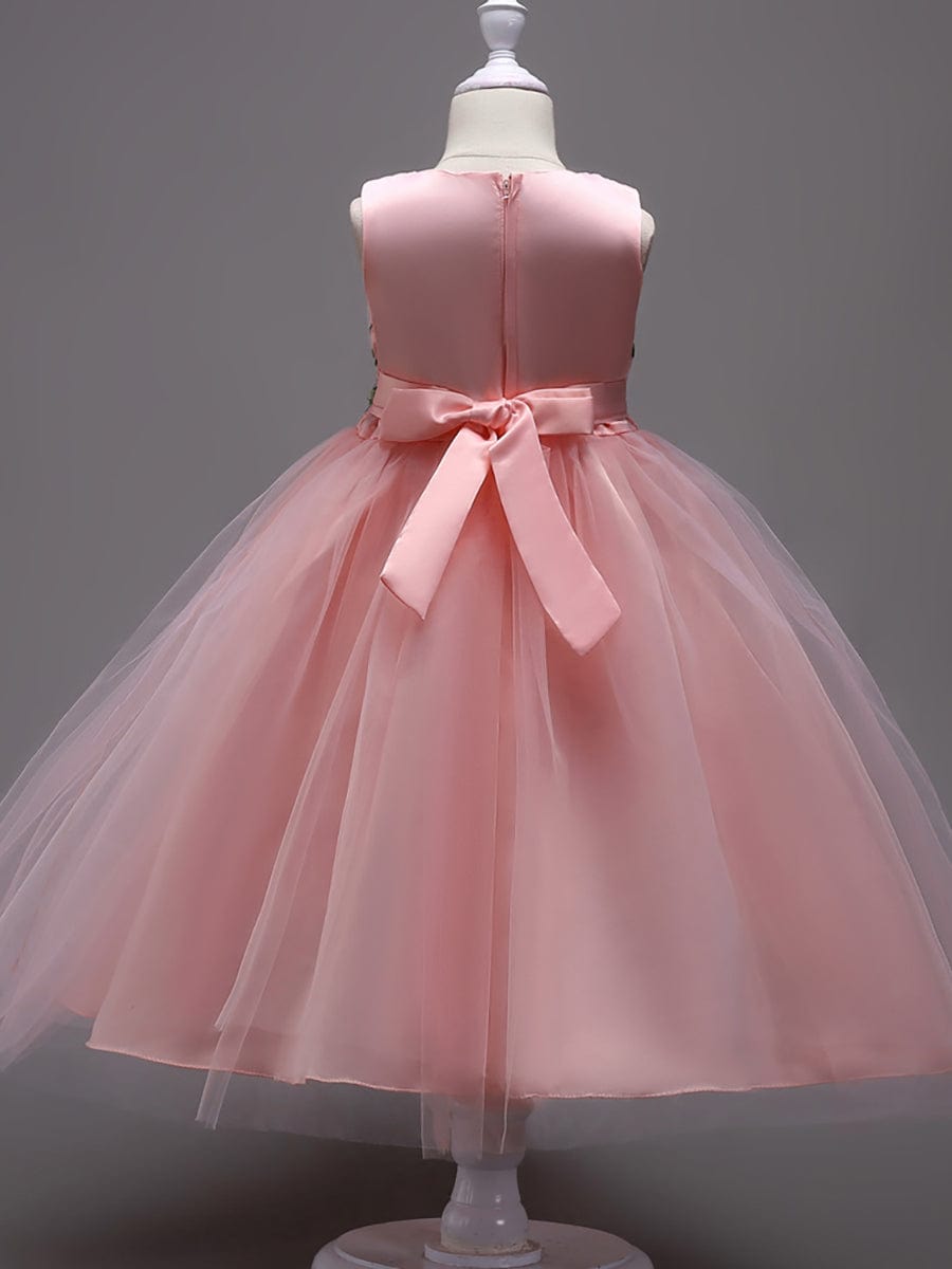 Floral Embroidered Sleeveless Flower Girl Dress with Tulle Cover #color_White Floral Embroidered Sleeveless Flower Girl Dress with Tulle Cover